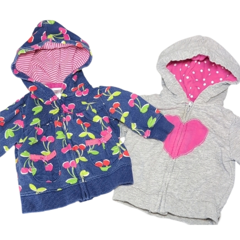 Carters Baby Girls 3 Months Zip Up Hoodie Lot of 2 Cherry Heart Blue Grey